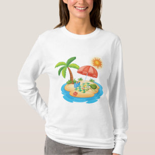 Tropisk ö strand sköldpadda palmer Träbildsmåltid T Shirt