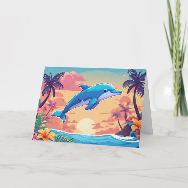Tropisk ö-sunset och delfin  kort (Framsida)