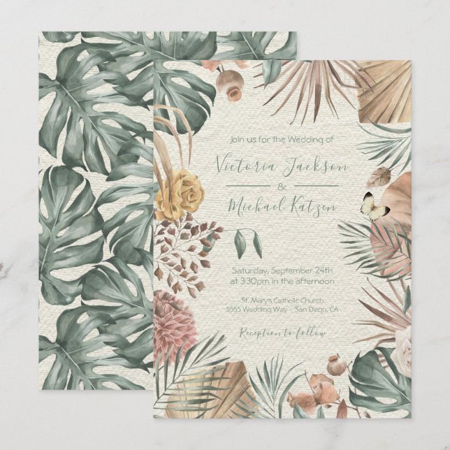Tropisk oas Modern Palm blad Bröllopsinbjudan Inbjudningar (Fram/baksida)