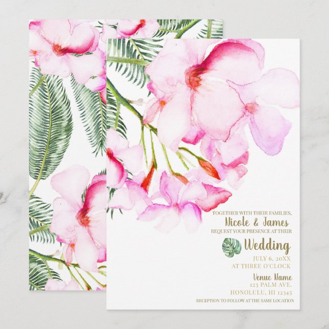 Tropisk Oas Rosa Grön Hawaiiansk Blommig Bröllop Inbjudningar (Fram/baksida)
