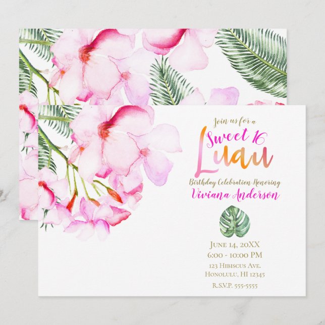 Tropisk Oas Rosa Grön Hawaiiansk Blommig Sweet 16 Inbjudningar (Fram/baksida)