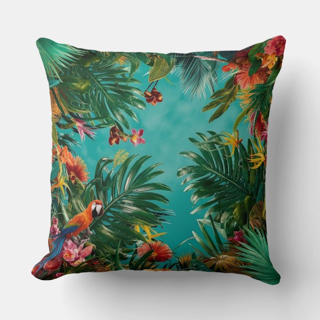Tropisk oasis: Handflatan Löv och Parrots Pillow Kudde (Framsida)