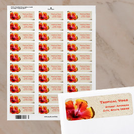 Tropisk Orange Hibiscus Blommar på Sand adress Returadress Etikett
