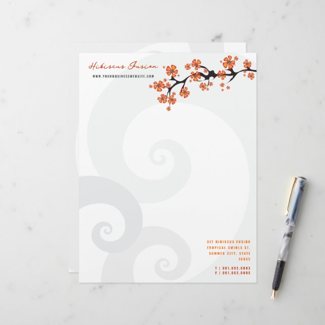 Tropisk Orange Hibiscus Flower Fusion Grått Swirls Brevhuvud (Fram/Back In Situ)