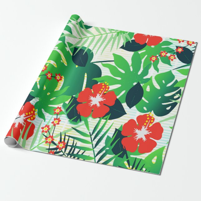 Tropisk Orange Hibiskus Grön Monstera Löv Presentpapper (Utrullad)