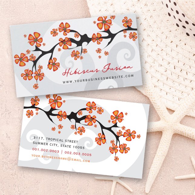 Tropisk Orange Hibiskusblomsfusion Gråa Virvlar Visitkort (Tropical Orange Hibiscus Flower Fusion Grey Swirls Business Card @ fat_fa_tin)
