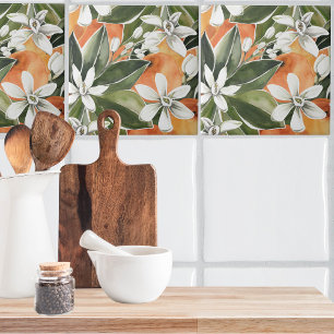 Tropisk Orange och blommor Vattenfärg Mönster Kakelplatta