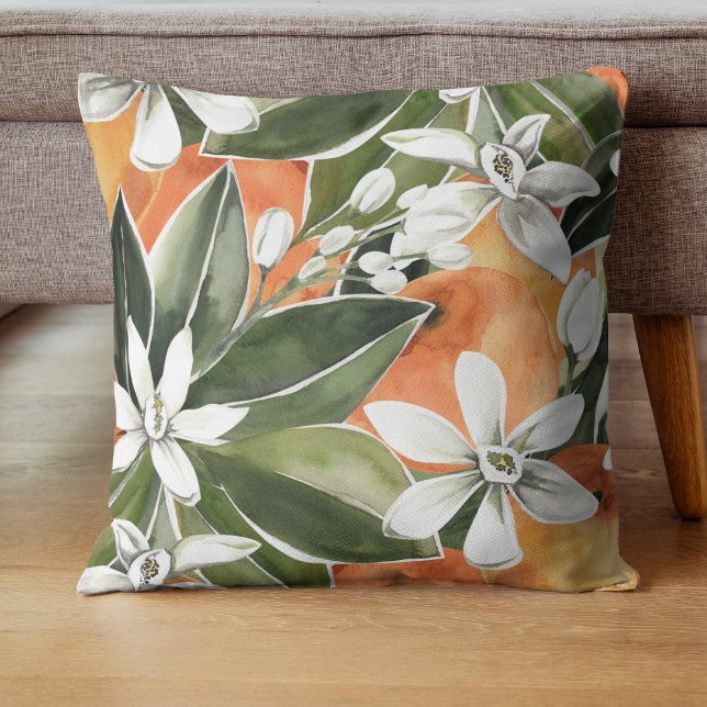 Tropisk Orange och blommor Vattenfärg Mönster Kudde (Skapare uppladdad)