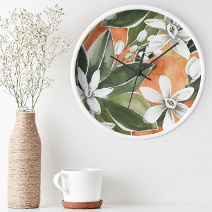 Tropisk Orange och blommor Vattenfärg Mönster Rund Klocka