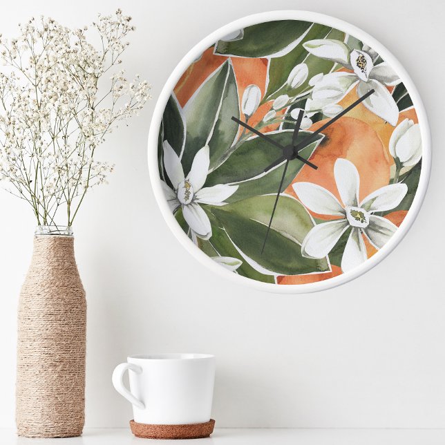 Tropisk Orange och blommor Vattenfärg Mönster Rund Klocka (Skapare uppladdad)