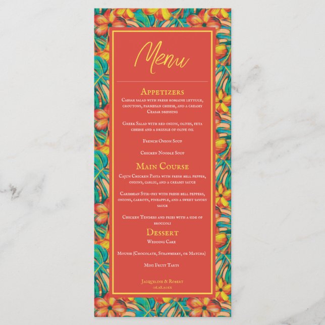 Tropisk Orange och Gult Blommigt Bröllop Menu Meny (Framsida)