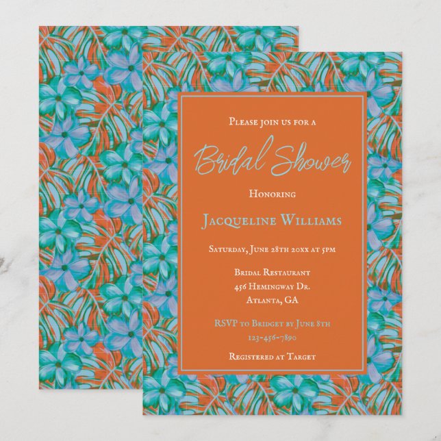 Tropisk Orange och Möhippa för blå Blommigt Inbjudningar (Fram/baksida)