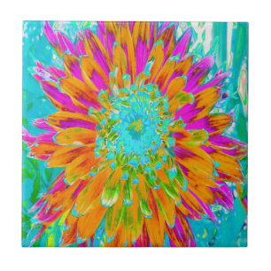 Tropisk Orange och Shock rosa Decorative Dahlia Kakelplatta