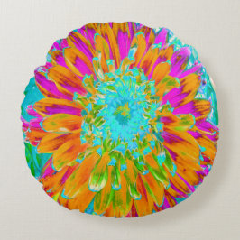 Tropisk Orange och Shock rosa Decorative Dahlia Rund Kudde