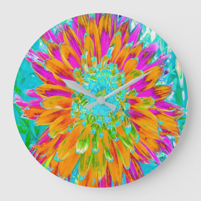 Tropisk Orange och Shock rosa Decorative Dahlia Stor Klocka (Framsida)