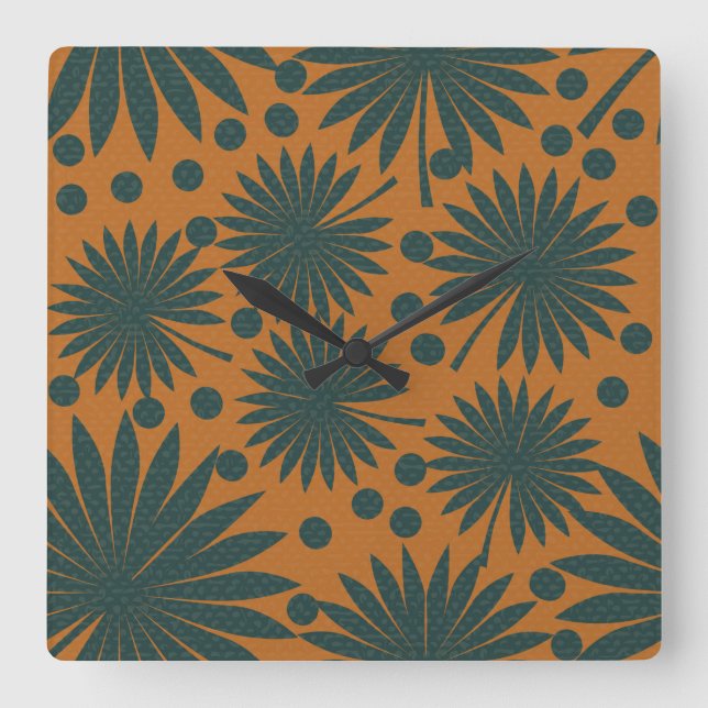 Tropisk Orange Rainforest Handflatan Löv Art Fyrkantig Klocka (Framsida)
