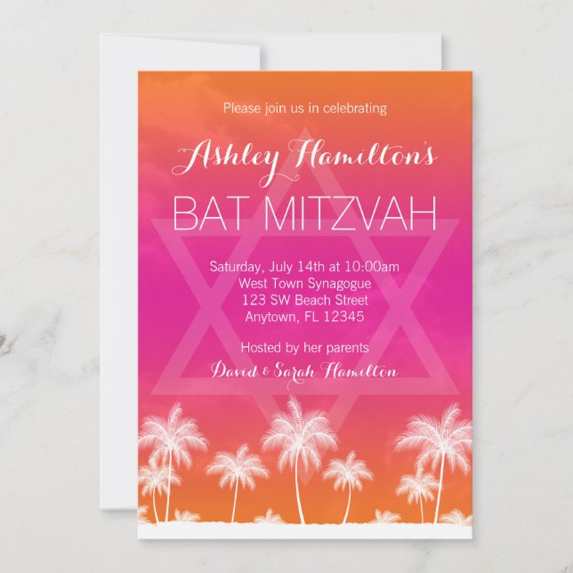 Tropisk Orange Rosa Bar Mitzvah Inbjudningar (Framsida)