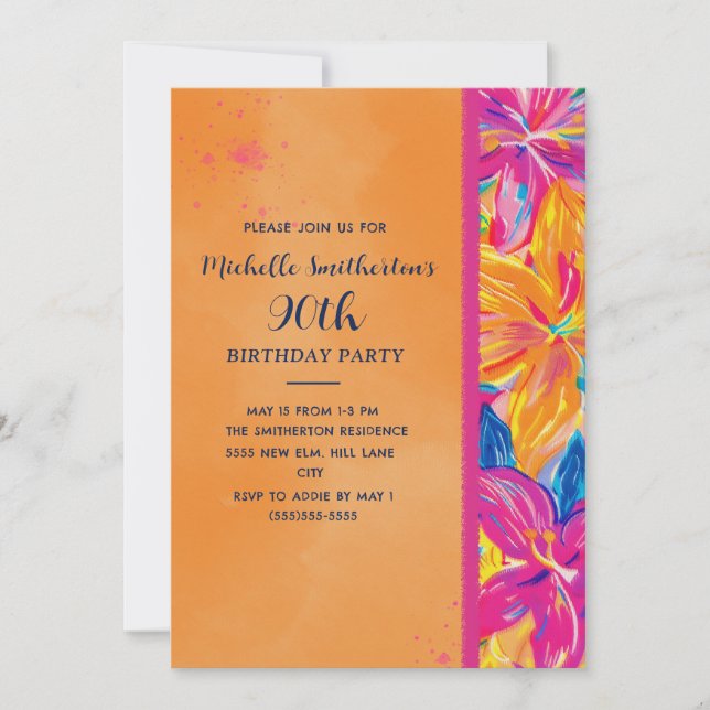 Tropisk Orange Rosa Blommig 90-årsdag Inbjudningar (Framsida)