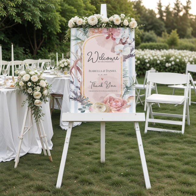 Tropisk orkidé blomsterdestination bröllop välkomm poster (Tropical Orchid Wedding Welcome Sign | Blush Floral Destination Beach Welcome Poster)