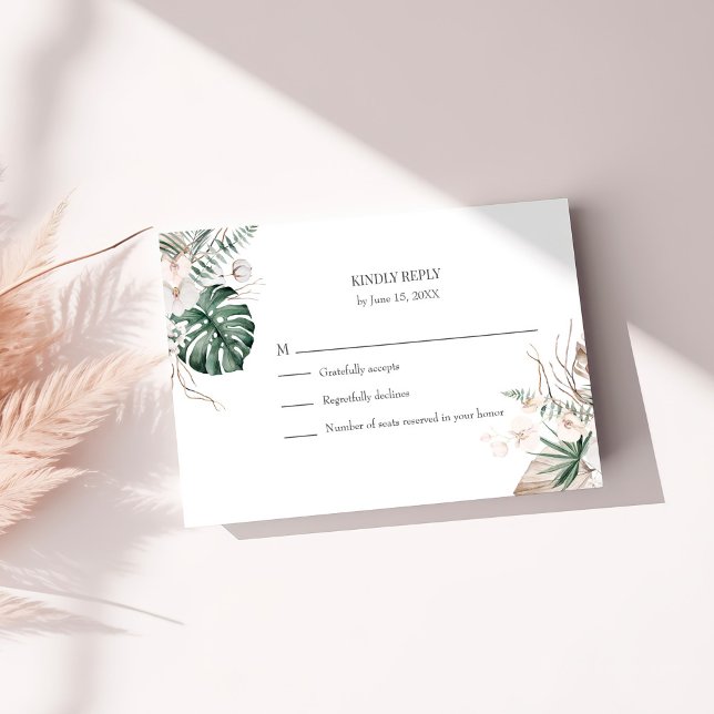 Tropisk Orkidé och Monstera Bröllops-Svarskort Tack Kort (Tropical Orchid and Monstera Wedding RSVP Card on a sunny white table.)