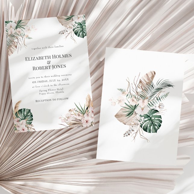 Tropisk Orkidé och Monstera Bröllopsinbjudan Inbjudningar (Tropical Orchid and Monstera Wedding Invitation on a sunny white dry palm leaf.)