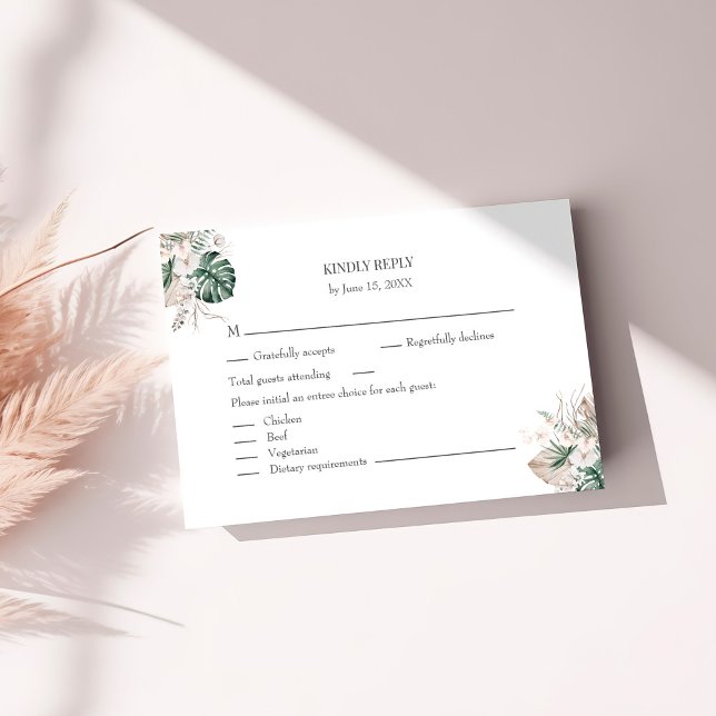 Tropisk Orkidé och Monstera Svarskort Tack Kort (Tropical Orchid and Monstera RSVP Card on a sunny white table.
)