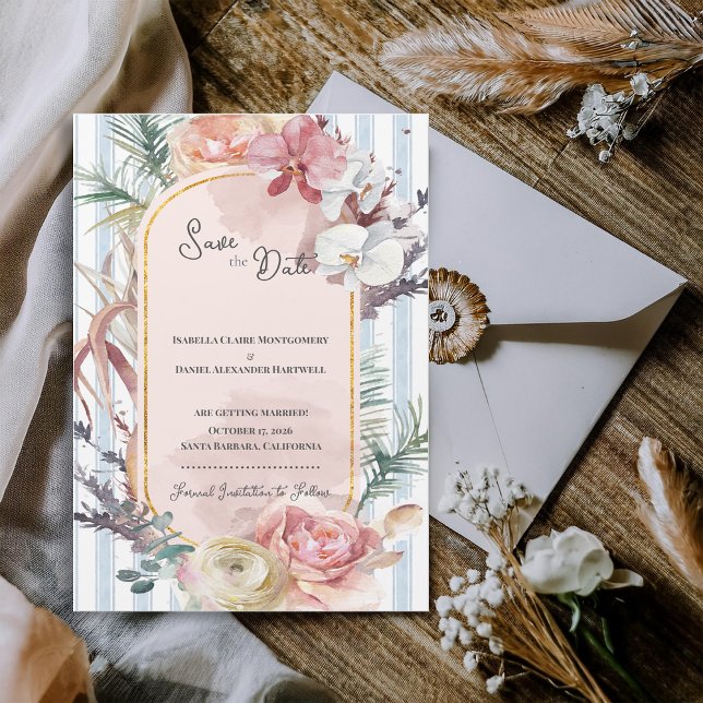Tropisk orkidébåge Bröllop Spara datum Magnet  (Tropical Orchid Arch Save the Date Magnet | Blush Floral Beach Wedding Announcement)