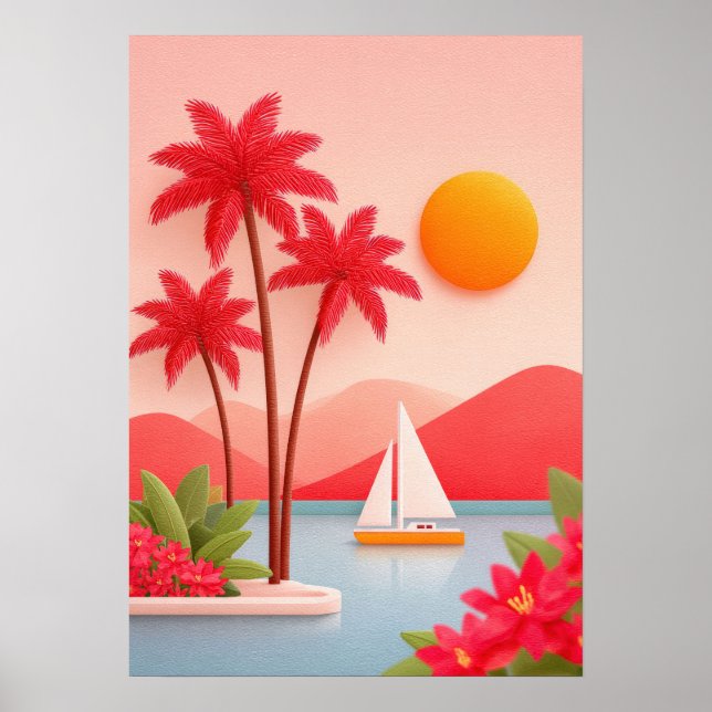 tropisk öscen med palmer, segelbåt poster (Framsidan)