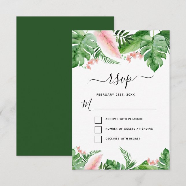 Tropisk Palm Blommig Akvarell Bröllop RSVP Inbjudningar (Fram/baksida)