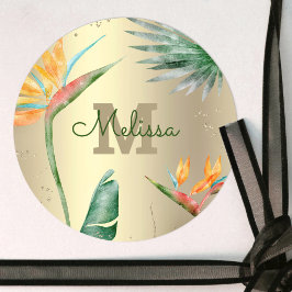 Tropisk Palm Modern Monogram Skrift Guld Folie Runt Klistermärke