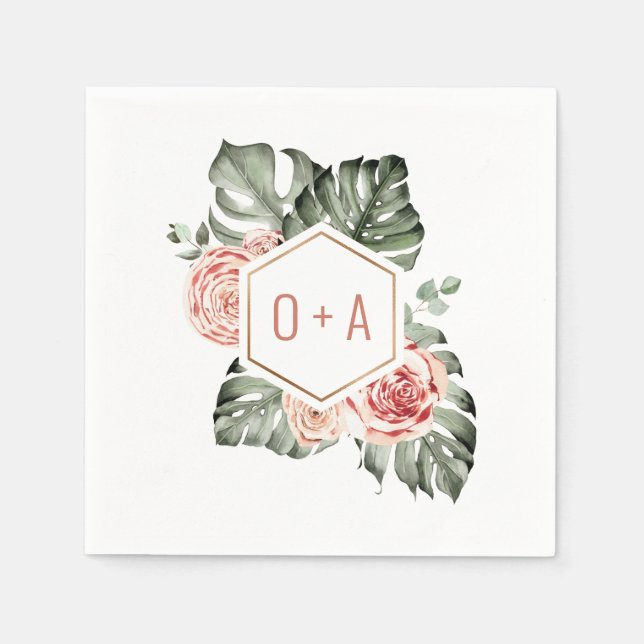 Tropisk palm och ros bröllopsmonogram pappersservett (Framsidan)