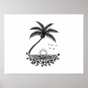 Tropisk Palm Solnedgång – Minimalistisk Strand Lin Poster