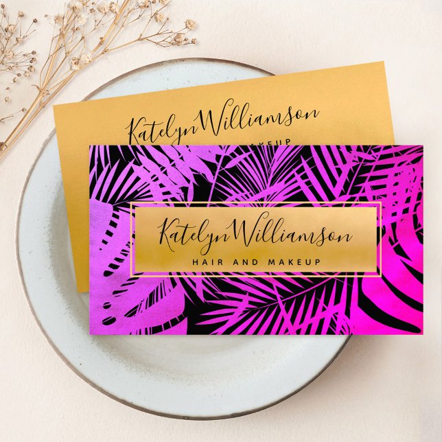 Tropisk palm varm rosa ombre guld script stilren visitkort (Skapare uppladdad)