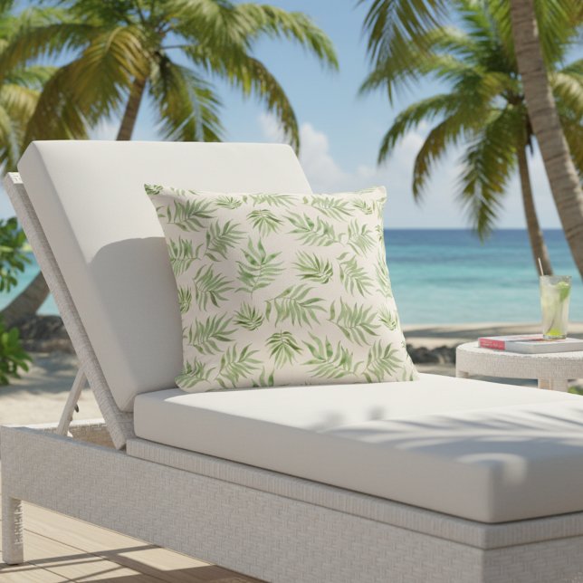 Tropisk palmblad utomhus kudd - Grön Beige Kudde (Tropical palm outdoor pillow! 🌴)