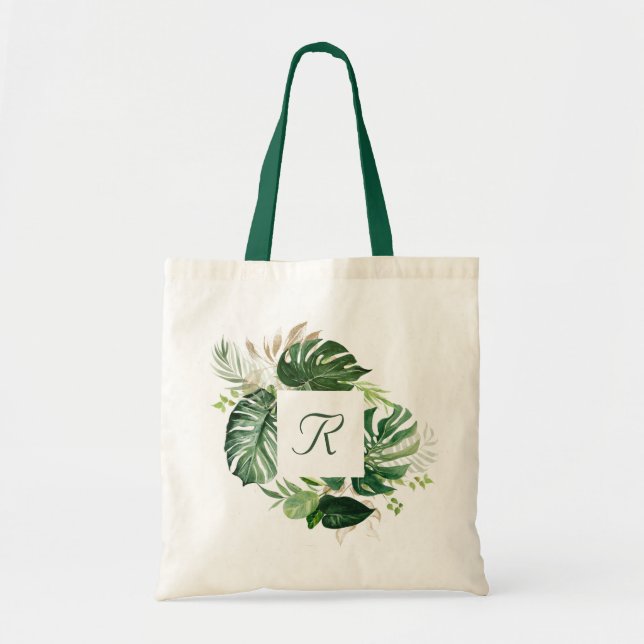 Tropisk palmbladmonogram-handväska tygkasse (Framsidan)