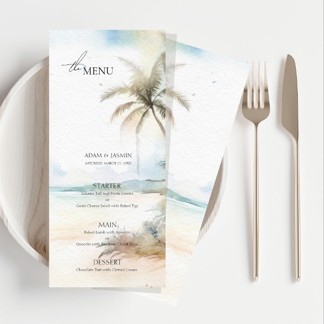 Tropisk palmdestination bröllopsmeny (Watercolor Tropical Beach Palm Trees Wedding Menu)