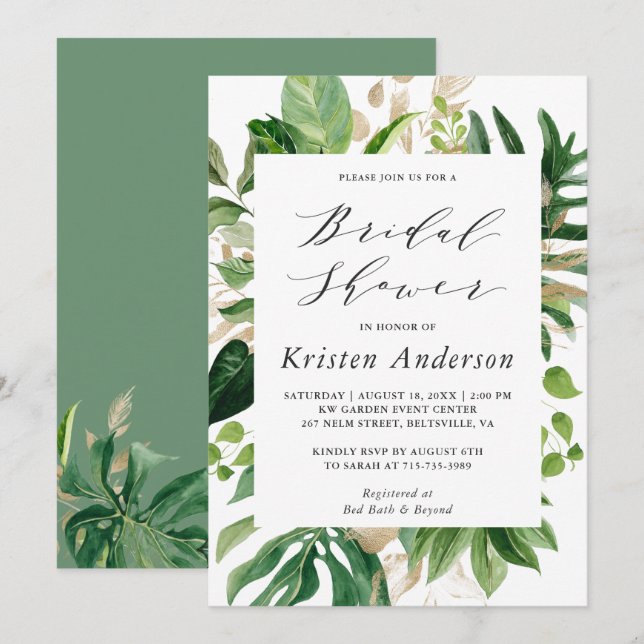 Tropisk palmgreenery bröllopsdusch-inbjudan inbjudningar (Fram/baksida)