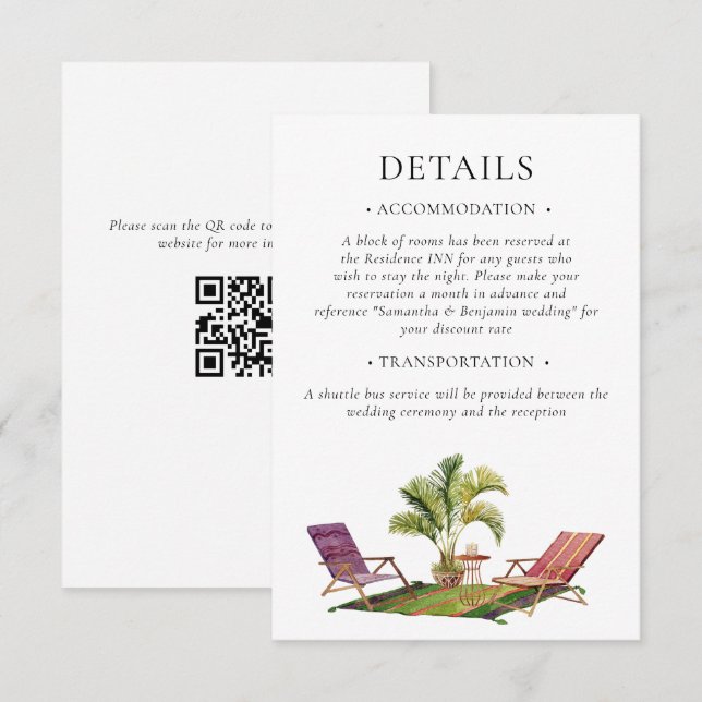 Tropisk palmkod för bröllopsdetaljer QR-kod Tilläggskort (Fram/baksida)