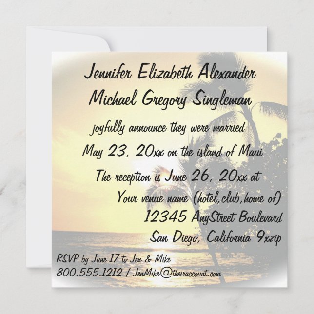 Tropisk palmträd för giftermålmeddelande inbjudningar (Framsida)