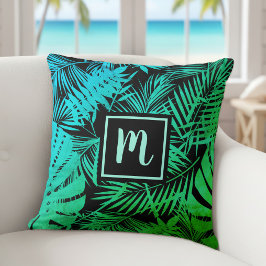 Tropisk palmträd monogram turkos grön ombre krafti kudde