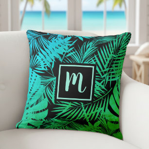 Tropisk palmträd monogram turkos grön ombre krafti kudde