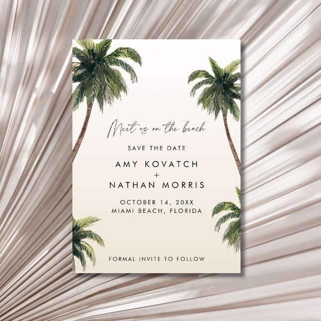 Tropisk Palmträd Strand Bröllopsfoto Spara Datumet (Tropical Palm Tree Beach Wedding Photo Save The Date)