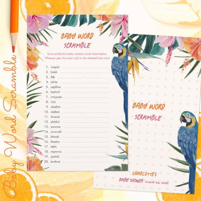 Tropisk papegoja-babyshower - Ordkryss-lek (Tropical Parrot Baby Shower Word Scramble Game ©Susanne Sachers - Sunny Mind 🌞)