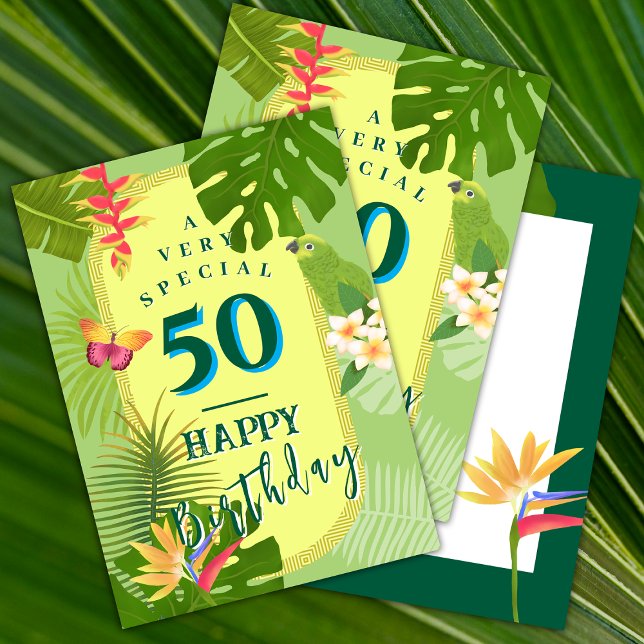 Tropisk paradise årligt födelsedagskort i Grönt Julkort (Tropical Paradise Birthday card.)