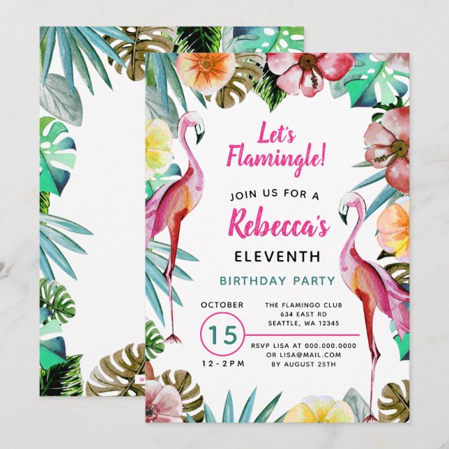 Tropisk paradise Rosa Flamingo Birthday Inbjudningar (Fram/baksida)