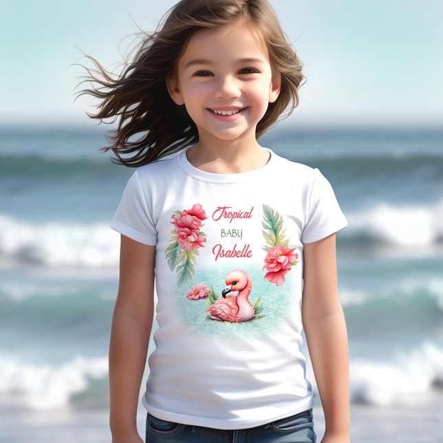 Tropisk Pastel Summer Rosa Flamingo Girl Namn T Shirt (Tropical Pastel Summer Pink Flamingo Girl Name T-Shirt)