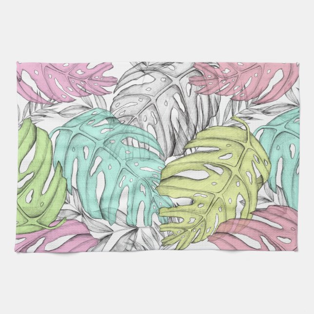 Tropisk pastellmonstera löv, vattenfärg mönster kökshandduk (Horisontell)