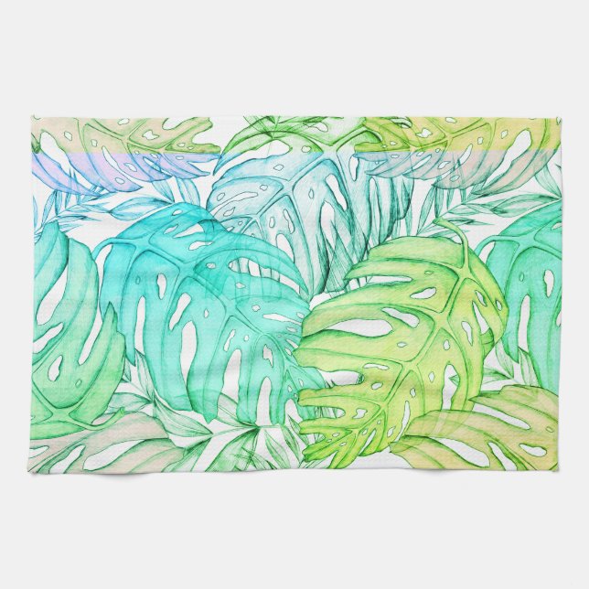 Tropisk pastellmonstera löv, vattenfärg mönster kökshandduk (Horisontell)