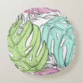 Tropisk pastellmonstera löv, vattenfärg mönster rund kudde