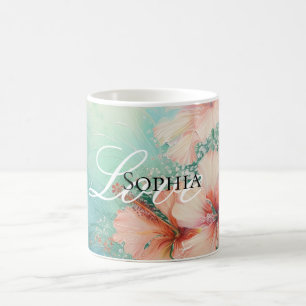 Tropisk Persika Vit Hibiskus Blommig Kärlek  Kaffemugg